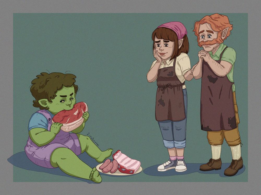 A digital illustration of a baby half orc and his adoptive parents. The baby is dressed in an overall and t-shirt, and he's eating a big chunk of raw meat. At his feet there is a plate with more raw meat. His parents are two gnomes, and they are about as tall as him. They are both wearing dirty leather aprons, and they are looking adoringly at their son. the illustration is signed "fineterra".