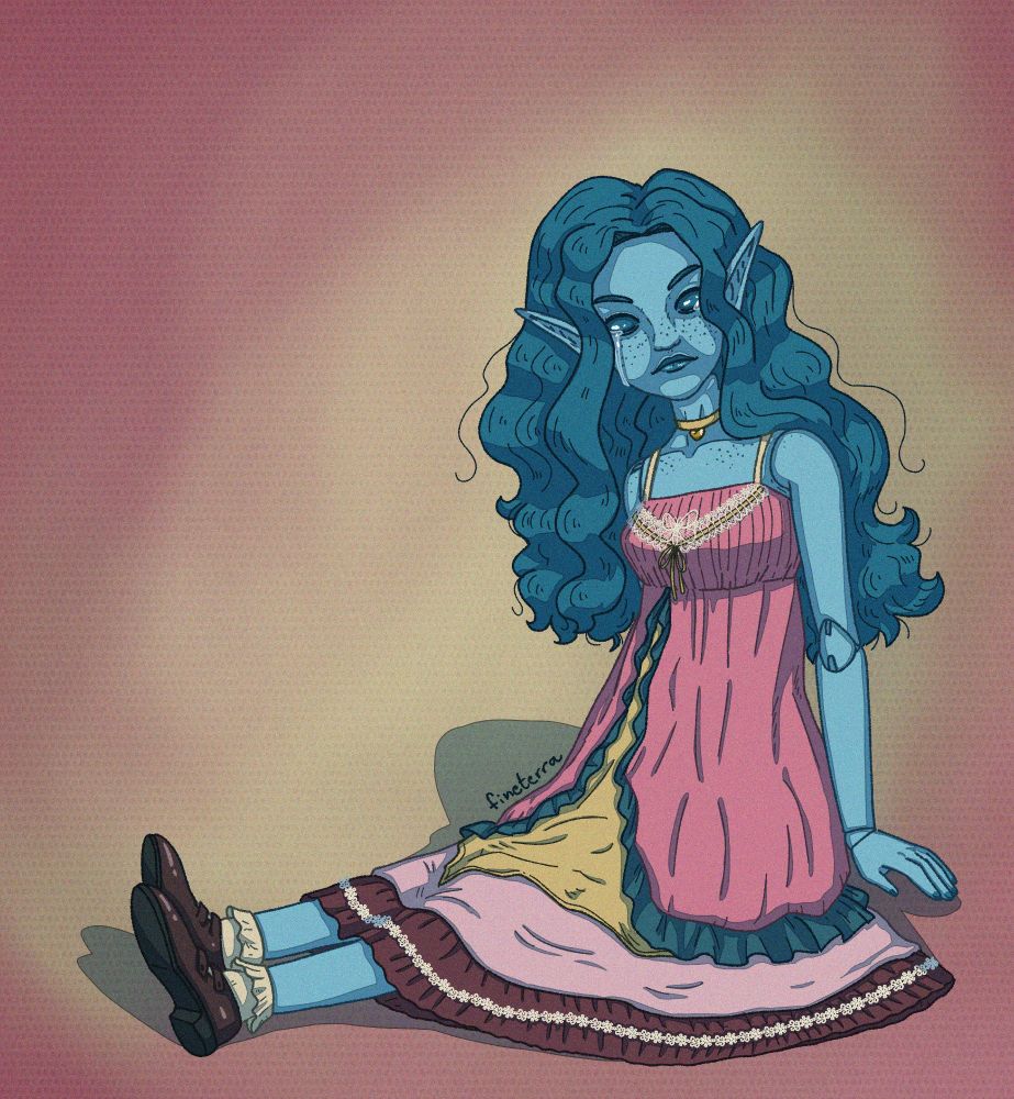 A digital illustration of a ball-jointed doll. It has pale blue skin, and slightly darker blue hair and eyes. It's sitting down, its head turned to the viewer, and it's crying. It's wearing a flowy and lacy dress, with cottage core vibes. The illustration is signed fineterra.
