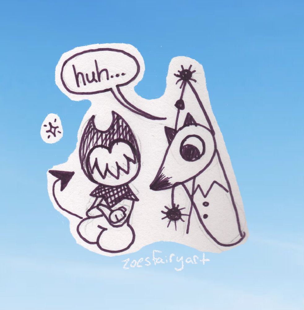 the two are now on a clear blue sky background, the pointy hat imp looks thoughtful and simply says “Huh…” 