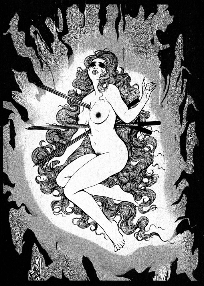 Drawing of a woman with three swords