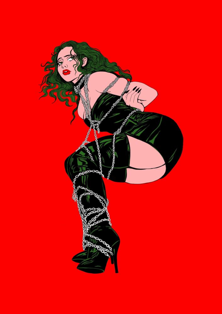 A woman tied up in chains