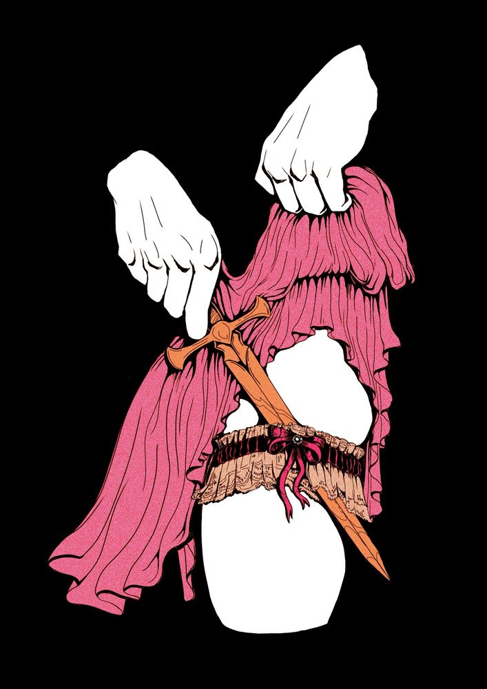 A hand pulling up fabric to reveal a hand holding a dagger slipped through a frilly garter
