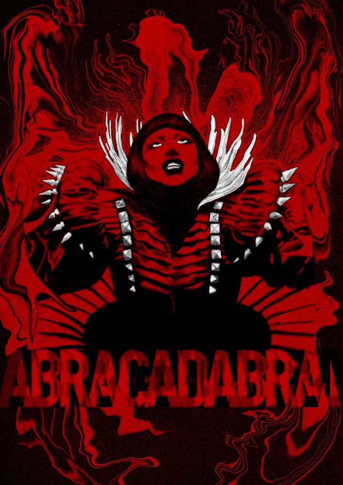 Drawing of Lady Gaga during her set at Coachella, distorted text reads “ABRACADABRA”