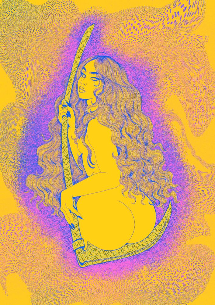 Drawing of a woman holding a scythe