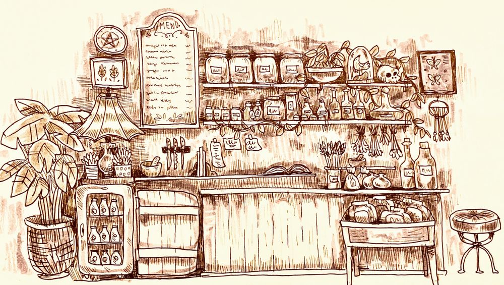 Traditional drawing of a cafe