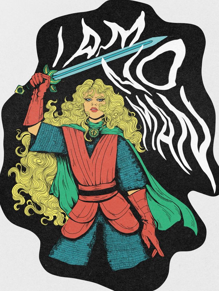 Eowyn dress for battle holding a sword above her head, text reads “I am no man”
