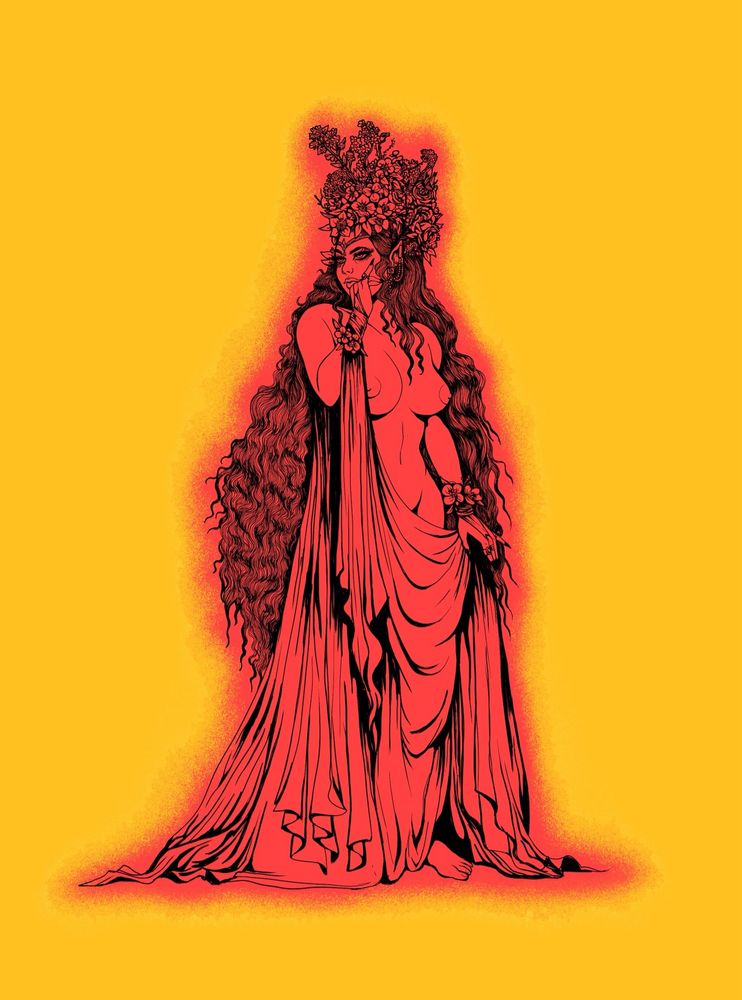 Drawing of a woman with a large floral headpiece with long hair and wearing loose fabric