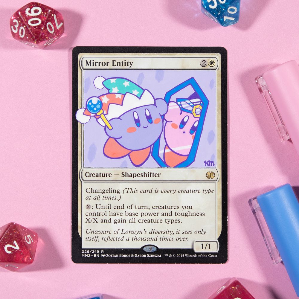 A painting of Mirror Kirby looking at himself in a mirror, on a Magic the Gathering card Mirror Entity.