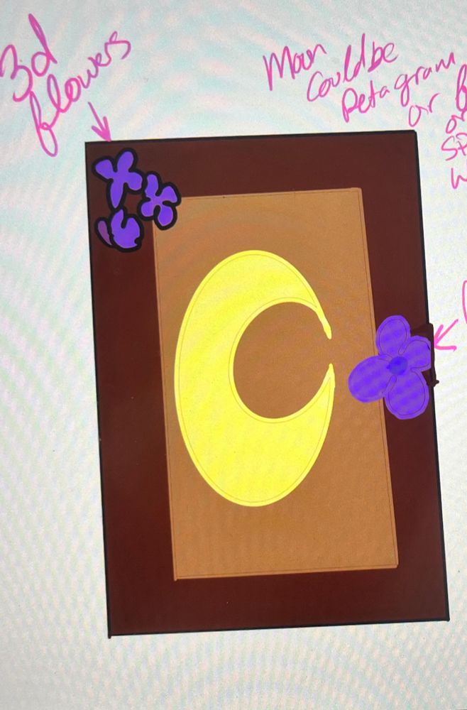 A bad drawing of a rectangle with a moon in the middle and purple flower on the sides 