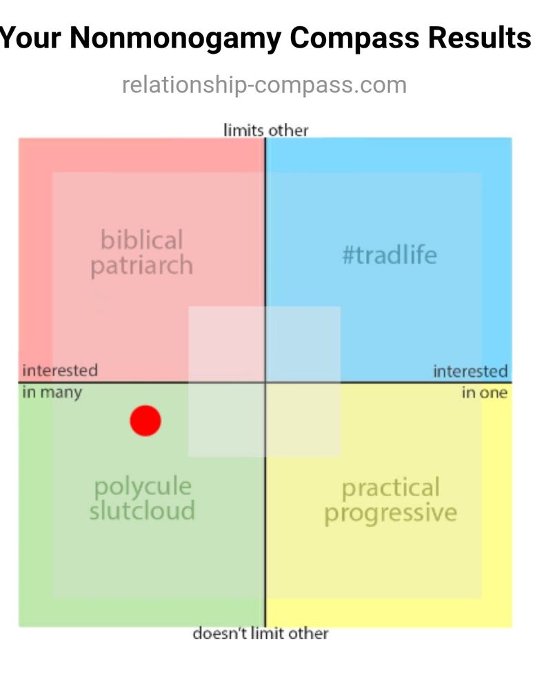 Your nonmonogamy compass results 

Uh... It's in the polycule slutcloud zone