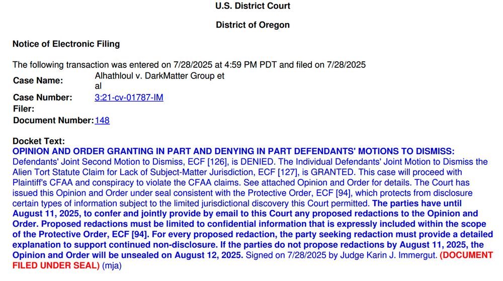 Text of the docket from AlHathloul v. Dark Matter indicating that the court has denied the defendant's motion to dismiss the CFAA claims in the case.