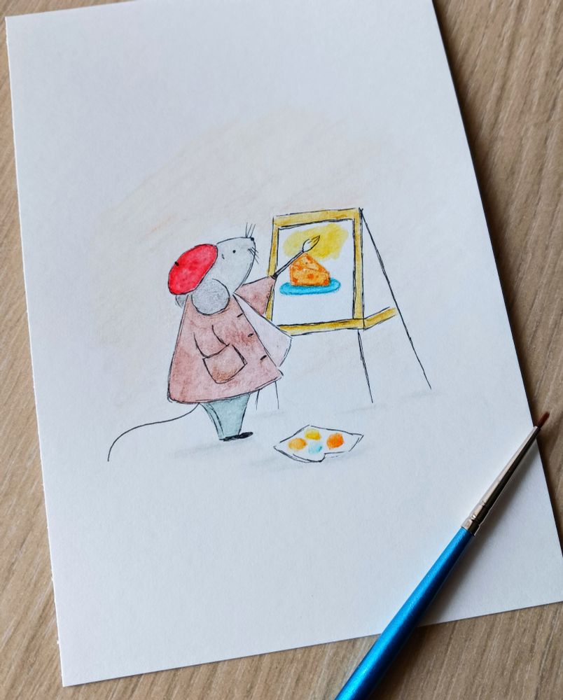 A pen and watercolor drawing of a mouse putting the finishing touches on a painting of a hunk of cheese on a plate. The mouse is wearing a red beret, light brown smock/coat and sage green pants. There is a piece of paper on the ground with color swatches painted on it. There is a very light beige watercolor wash in the background behind the mouse and easel. Art by me.