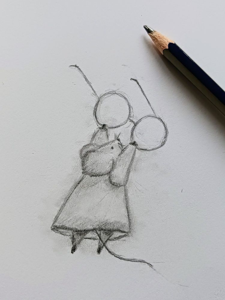 A pencil sketch of a little mouse from the back, on tiptoes, holding a pair of glasses up. The pencil I used is laying on the paper on the upper right. Art by me.