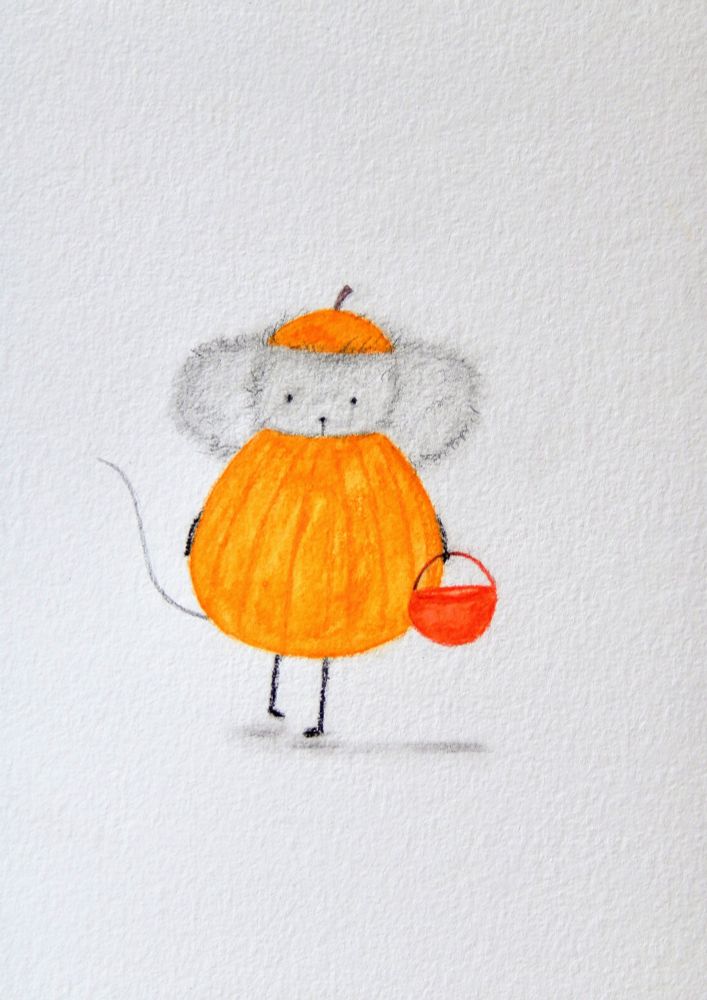 A pencil and watercolor drawing of a fuzzy gray mouse in a pumpkin costume. Art by me. 
