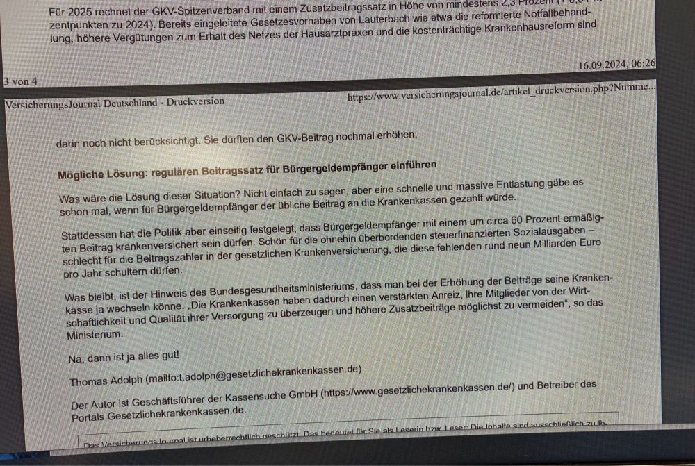 Ausschnitt eines Artikels aus dem Versicherungsjournal Deurschland mit einem Kommentar mit der Unterüberschrift „regulären Beitragssatz für Bürgergeldempfänger einführen“, die einen um ca. 60% reduzierten Beitrag zahlen