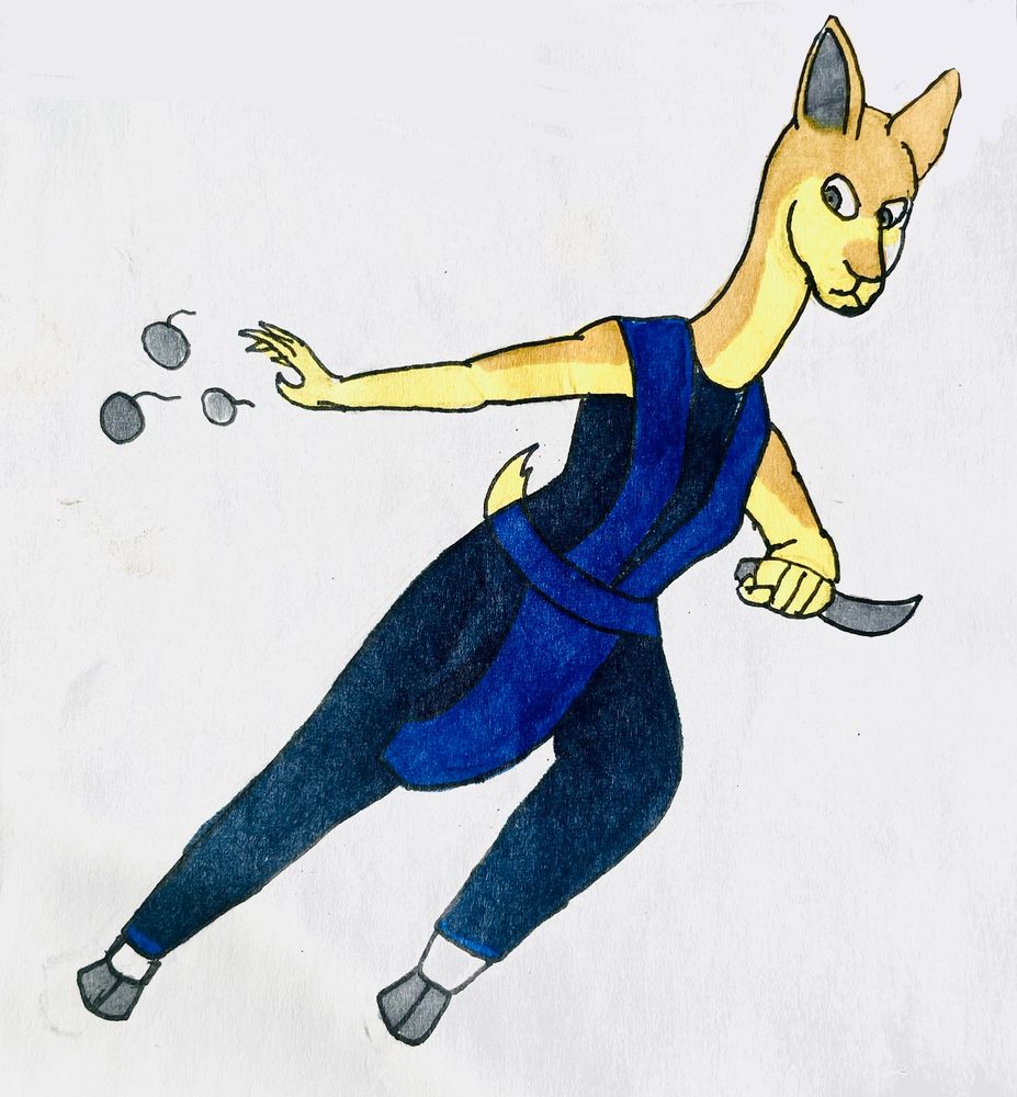 An anthro vicuña in a blue ninja outfit, she’s leaping forward holding a crescent knife in one hand and throwing smoke bombs from the other