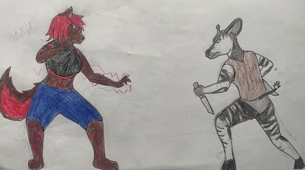 Jason the jackal, electricity emanating from her arms in a defensive stance against an okapi wielding a couple of combat knives