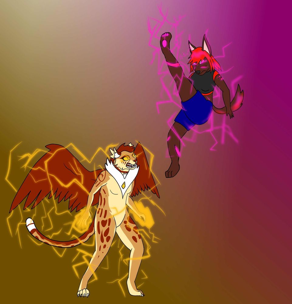 Citri the winged king cheetah in a brawl with Jason the jackal, both are covered in electricity and in a brawl, currently Jason is trying a leaping axe kick as Citri stands their ground, snarling.