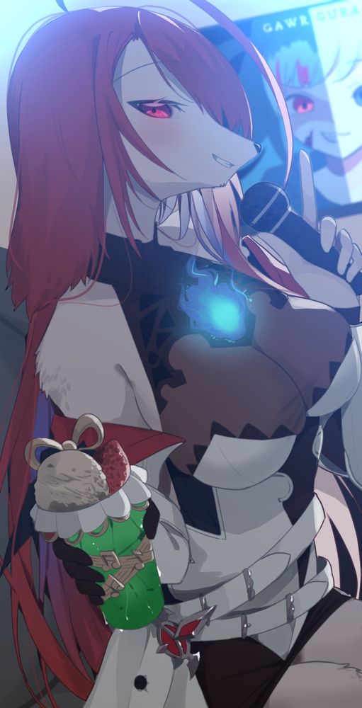 Elizabeth Rose Bloodflame but furry, offering the viewer a melon soda at Karaoke 