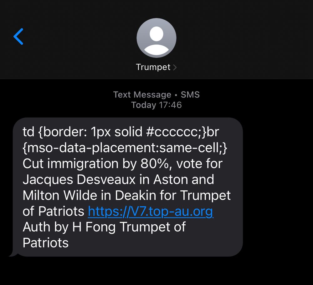 A Trumpet of Patriots election spam text which has some CSS at the start of it.