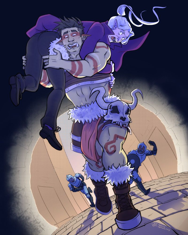 A buff orcish woman runs away from city guards into a tunnel, with an elven man slung over her shoulders in a fireman carry. They're both screaming. 