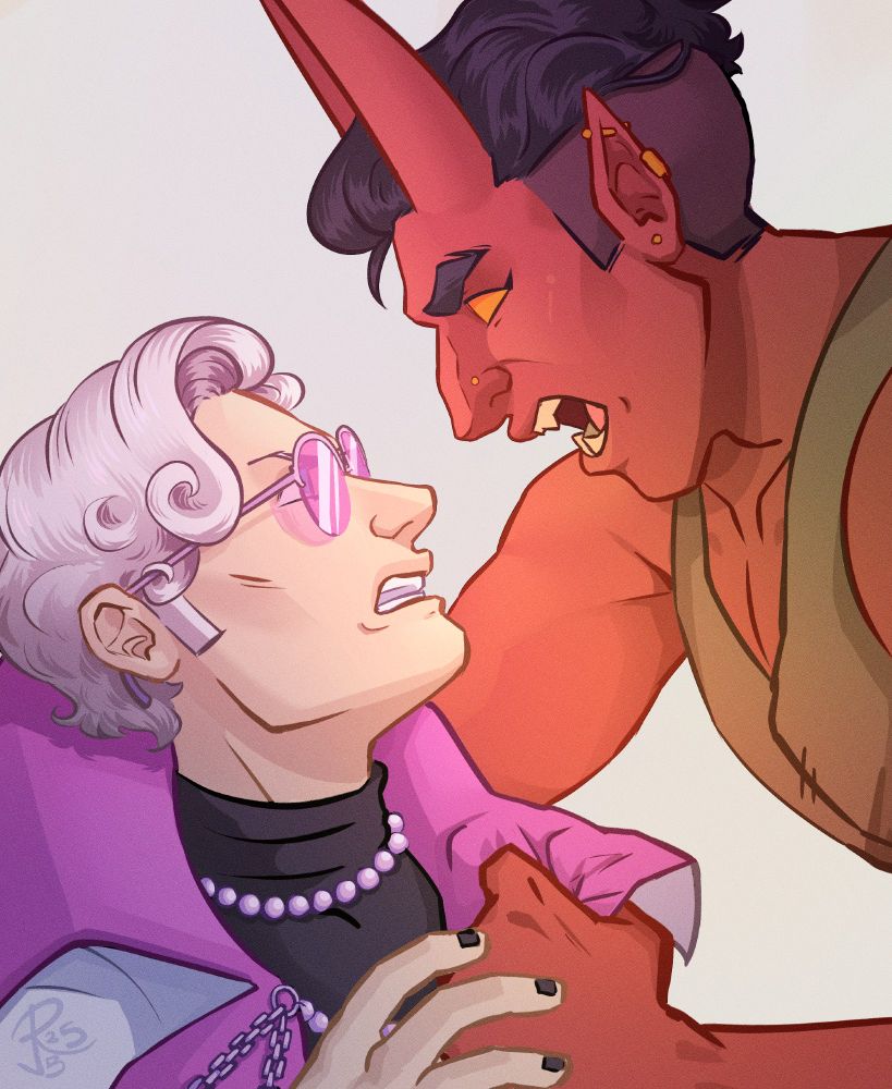 A red tiefling grabs the lapel of a pale human wizard with white hair. The tiefling is shouting at him, and the human looks as if he's abou to snap back. It's got mega gay undertones. 