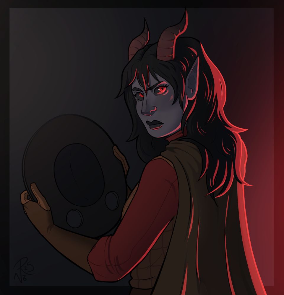 CHARACTER BELONGS TO @coldhandart on tiktok. A tiefling woman with dark grey skin stands with her back to the viewer, looking over her shoulder at them. She holds a wide brimmed hat in her hands with holes for her horns, having just taken it off. She's backlit by ominous red lighting. 