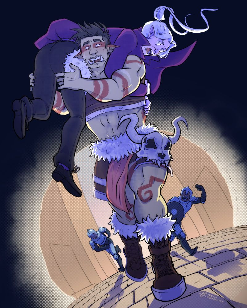 CHARACTERS BELONG TO @artsyfray on Tiktok! - A large Orcish woman is running away from city guards into a dark tunnel, with a pink skinned elven man slung over her shoulders. They're both comedically screaming as they run away from the law. 
