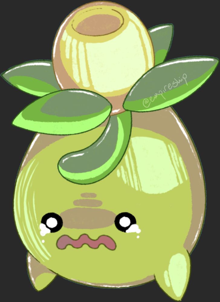 A digital drawing of the Pokemon Smoliv. Its small, round eyes are welling up with tears, and its mouth is slightly open and wobbly, as if it's about to start sobbing any second.