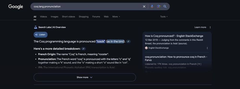 image of a google search asking how to pronounce "coq" the language - answer says "cock (like the bird)"
