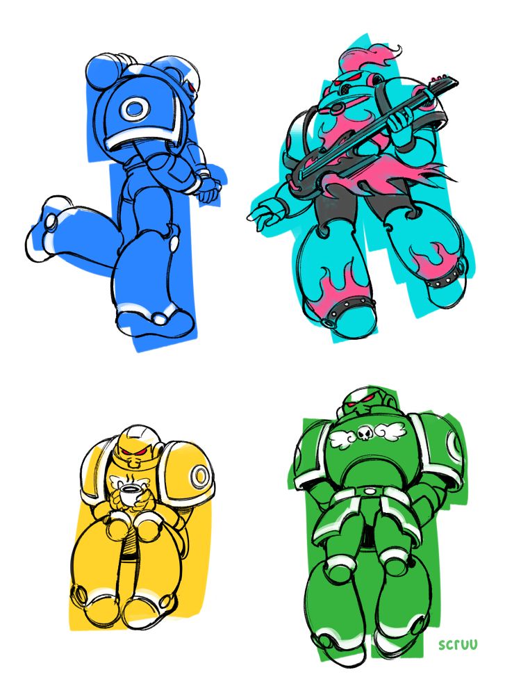 4 drawings of round Space Marines