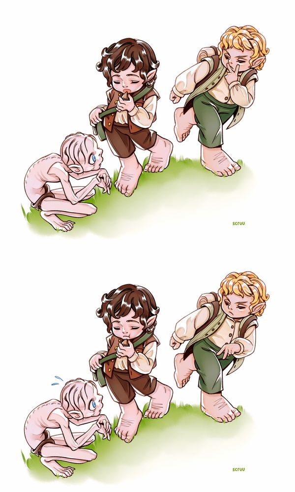 Lord of the Rings fanart. Samwise Gamgee looks at Gollum threateningly while Frodo Baggins eats unaware of it.
