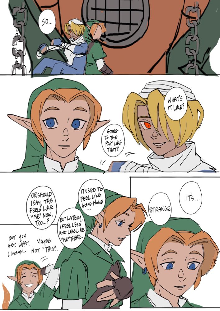 Link and Sheik sit before the entrance to the Spirit Temple boss fight. Sheik asks Link what it's like going to the past. Link responds that it's "strange". It doesn't feel as much like home as it used to