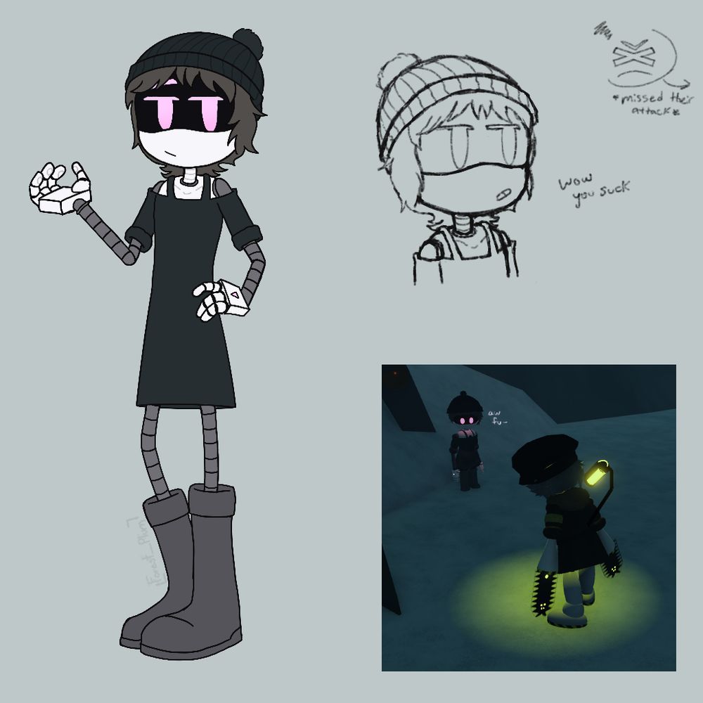 a pink eyed worker drone bot with a dress and boots wearing a winter hat