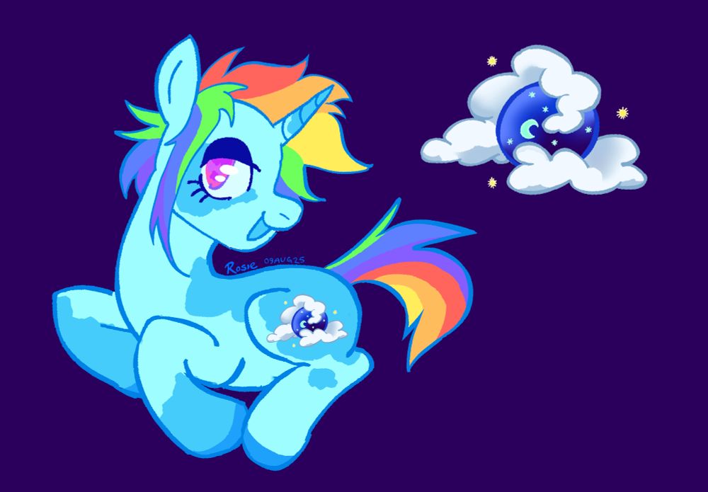 a sky blue unicorn with a short and spiky rainbow mane and pink eyes is laying down with his legs folded beneath him. his cutie mark is an orb that holds a collection of celestial bodies and is surrounded by clouds. 
