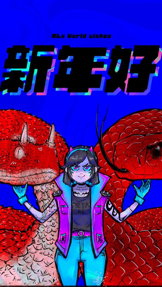 A cyberpunk styled girl holding 2 giant snakes, with a 16:9 ratio. The Chinese text above says 'Happy new year'. The background is blue while the snakes are red and the cyberpunk girl at the center has a combination of pink and cyan blue shades.