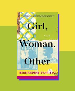 Book cover with title, “Girl, Woman, Other” and author’s name, Bernadine Evaristo. Cover is brightly colored with some muted images of people 