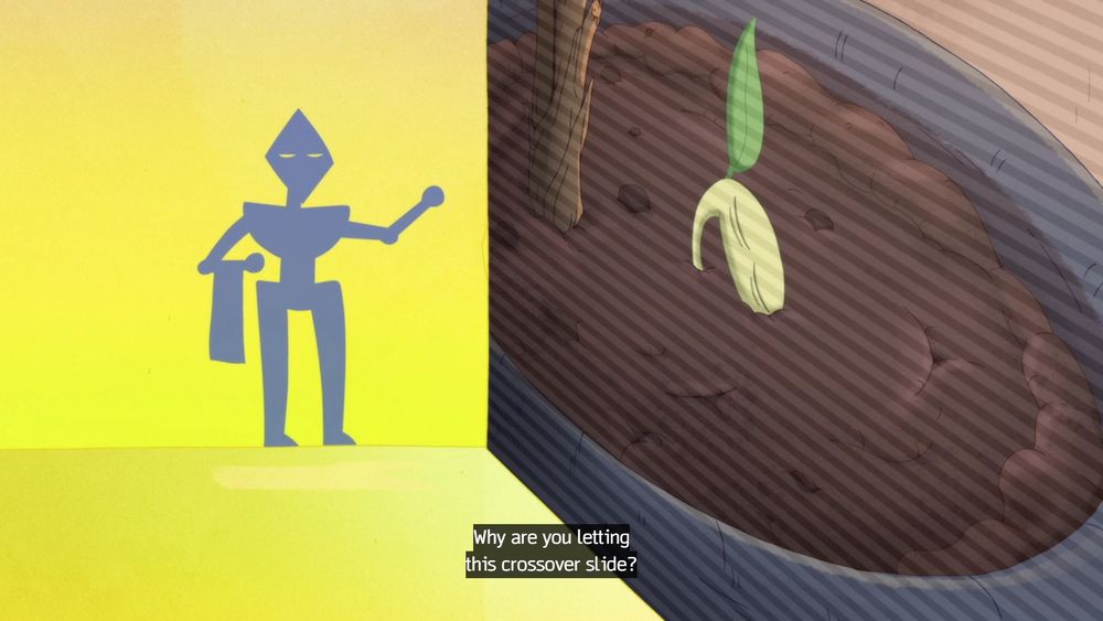 Scarab from Fionna and Cake in his wish world form, flat and blue, on a yellow wall, gesturing to a tv wall showing a small plant sprout in a pot. He is saying "why are you letting this crossover slide?"