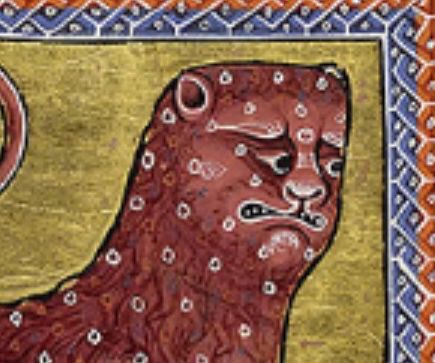 Goofy looking medieval tiger from the Aberdeen Bestiary. Cat has a flat face and looks gassy.