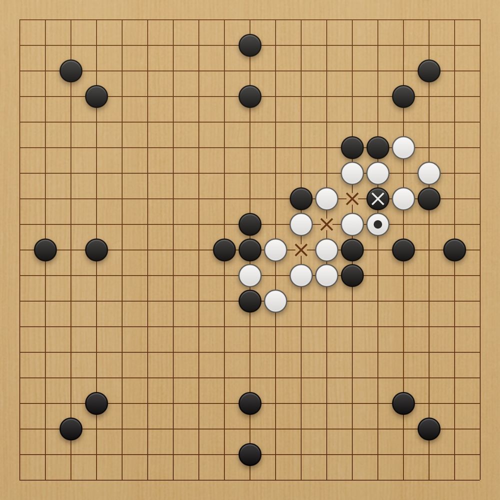 Final board of the match. White survives with a four eyes group, extending ponnuki shapes from tengen to below the upper right hand corner.