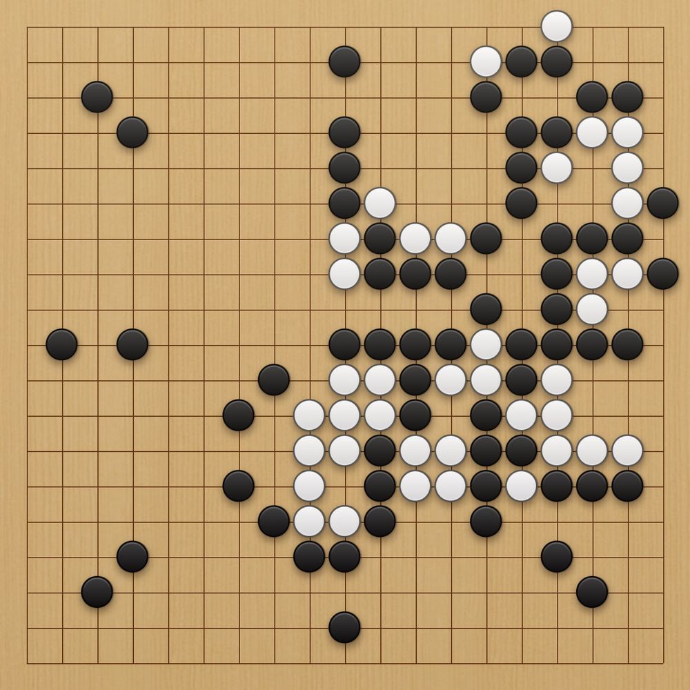 Final board of the match. White resigns. 
Bad shapes and other white stones mostly on the center, right and upper right of the board, effortless surrounded by Black. The rest it didn’t even bother to try.