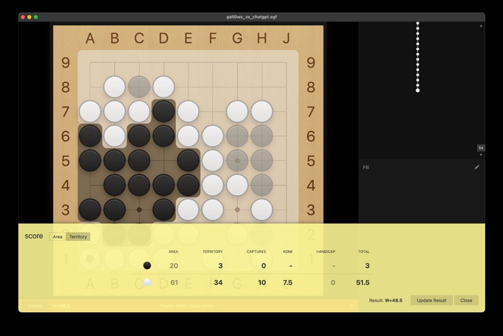 Result of the 9x9 go game against ChatGPT (B): W+48.5