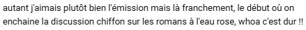 Un commentaire laissé sous la dernière vidéo d'Internet Exploreuses : "autant j'aimais plutôt bien l'émission mais là franchement, le début où on enchaine la discussion chiffon sur les romans à l'eau rose, whoa c'est dur !!"

Merci Nicolas pour ton avis important