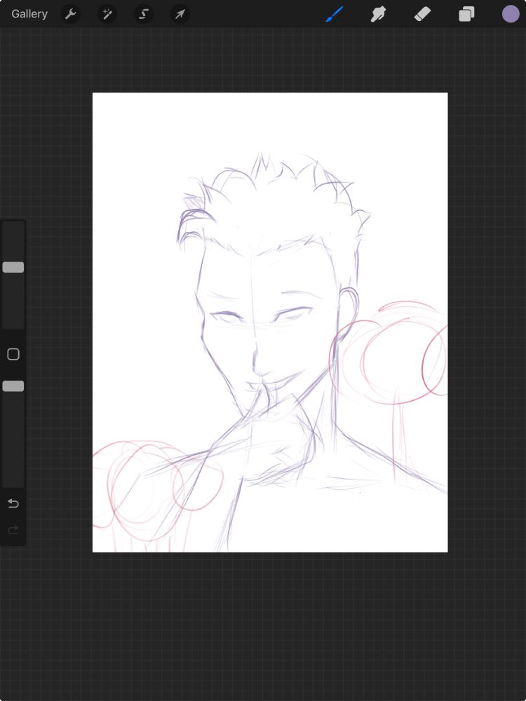 Screen shot from Procreate of a man with messy hair and some circles to mark the position of flowers.