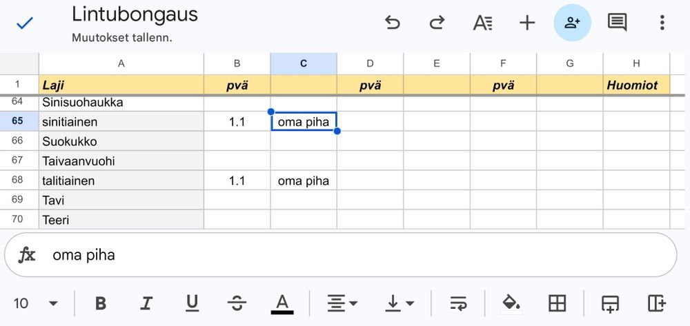 Excel jossa listattu lintujen nimiä ja havaintopäivämääriä