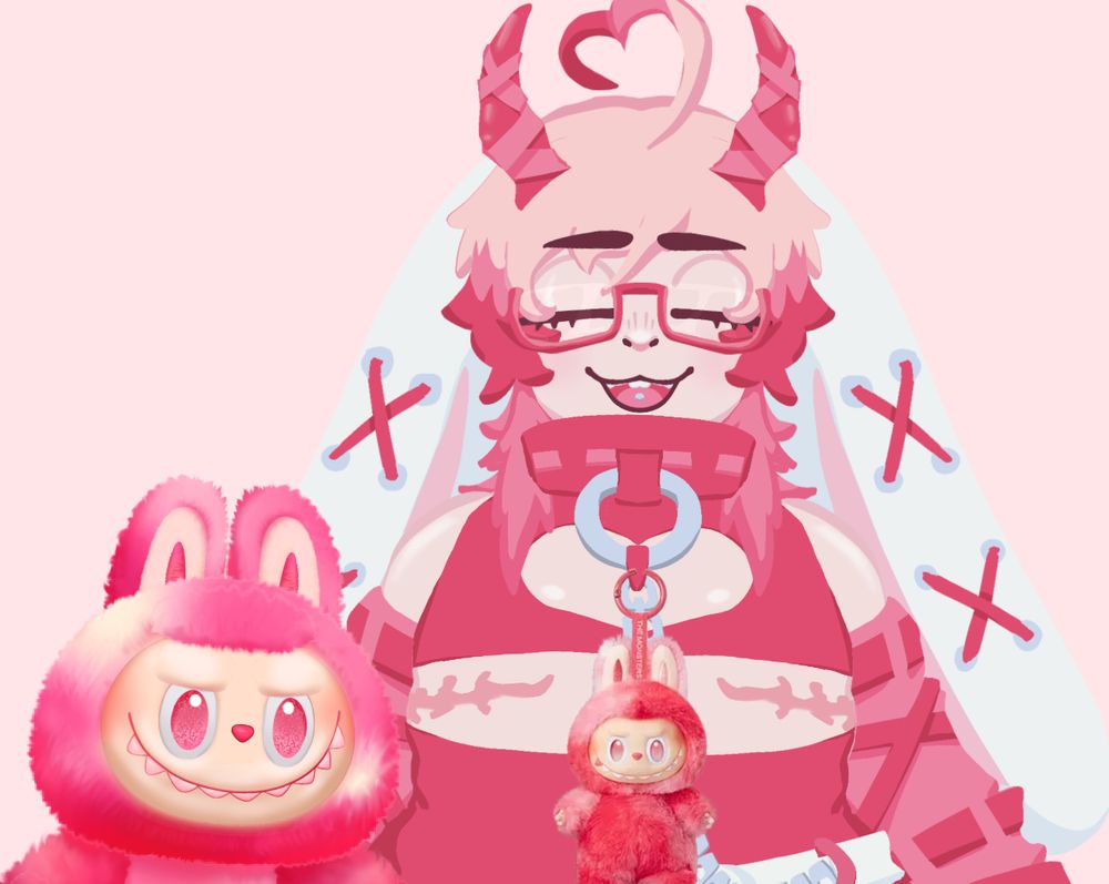 my vtuber, a pink and red latex clad incubus bunny boy with horns and glasses, chilling with two labubu. one is cliped onto a ring on his collar like a dangling accessory, and the other labubu is bigger, being a live2d model accessory by spats.