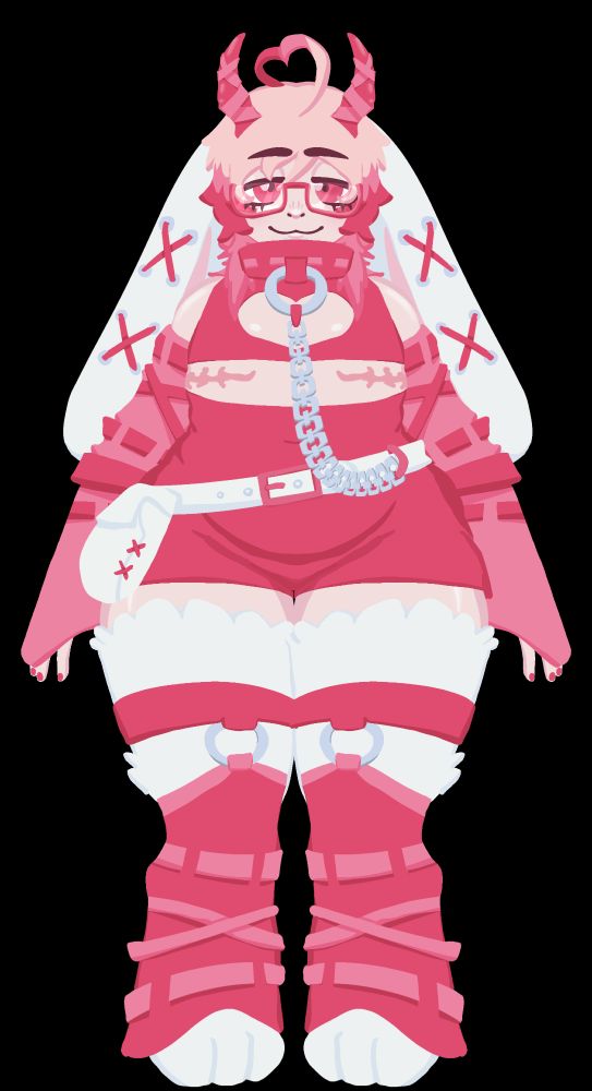 a semi-lineless vtuber model of a pink and red latex wearing incubus bunny boy with red glasses and horns.