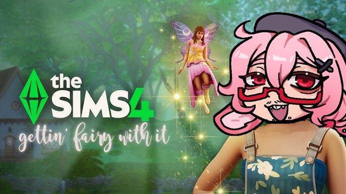 my vtuber, a pink bunny boy, overlaid on the sims 4 enchanted by nature expansion pack promo art.

text reads, the sims 4: gettin' fairy with it