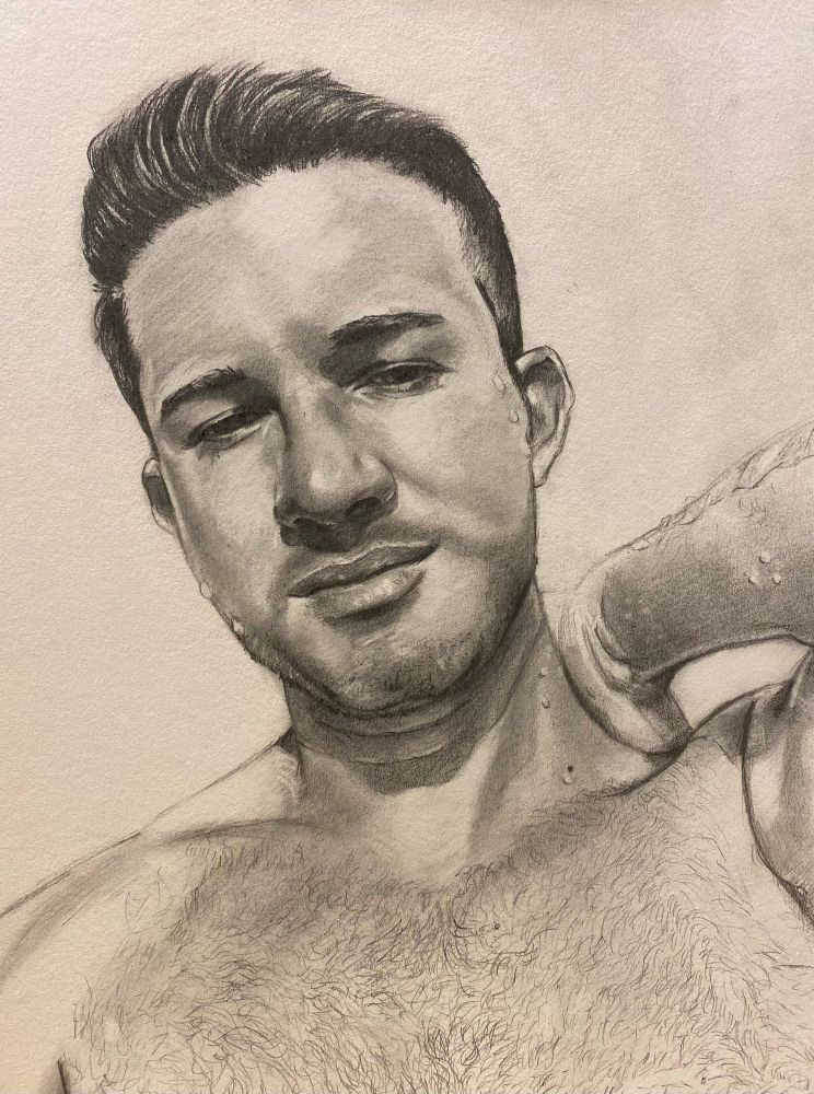 A graphite drawing of a male portrait. 