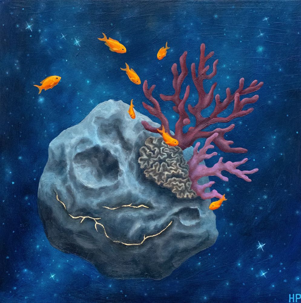 An asteroid, home to a coral reef and some small orange fish, floats through deep space. #spaceart #asteroid #oceanart #coralreef #surrealart
